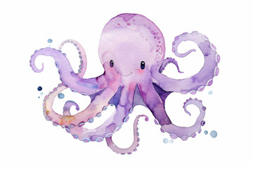 Canvas Print - Cute Watercolor Octopus with Big Eyes