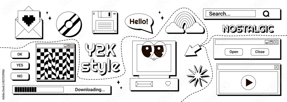 2000s retro element, sticker set. Groovy character computer with cute ...