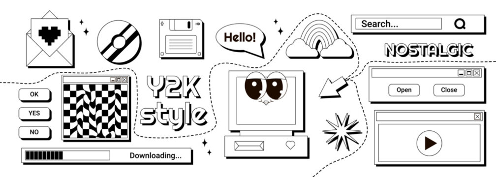 2000s retro element, sticker set. Groovy character computer with cute smile face, diskette, window, rainbow and more. Vector illustration black, white colors