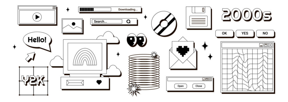 2000s retro element vector set. Groovy computer, disk, window, rainbow and more. Vector illustration in 90s, 00s, y2k style. Black, white colors