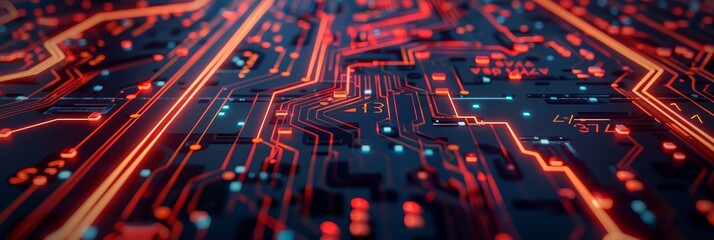 Poster - Glowing circuit board with electronic lines - This image depicts a close-up view of a circuit board with glowing red and blue lines, symbolizing electronic pathways