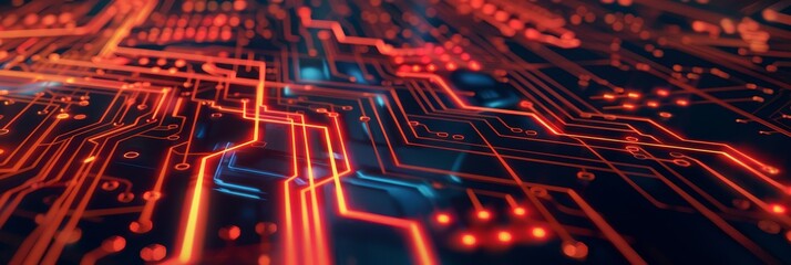 Poster - Red and orange illuminated circuit board - High-resolution image of an electronic circuit board with red and orange lights representing data flow