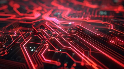 Poster - High-tech circuit board with red lighting - An intricate circuit board design highlighted by red illumination, symbolizing advanced technology