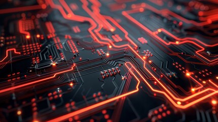 Poster - Detailed motherboard circuitry with red hues - Detailed view of motherboard circuitry with a focus on the red hues indicating active data paths