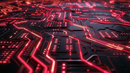 Poster - Advanced electronic motherboard in red tones - A sophisticated electronic motherboard with integrated circuits glowing in red tones