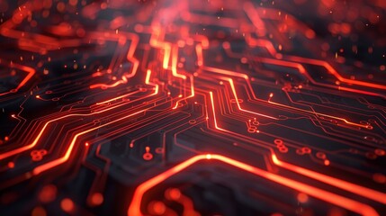 Poster - Glowing red circuit board close-up - A close-up of a red glowing circuit board with intricate lines suggesting high-tech or computing