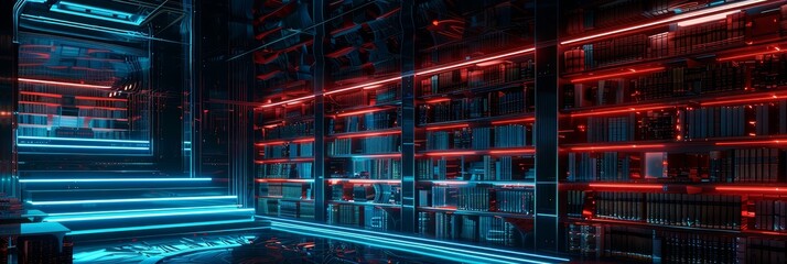 Poster - Next-gen data center with neon lighting - An image capturing an advanced data center's interior with striking blue and red neon lighting, enhancing the high-tech theme