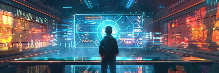 Poster - Back view of a person facing holographic screens - The backside view of an individual standing in front of large futuristic holographic displays with glowing interfaces