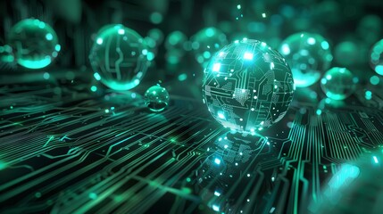 Poster - Glowing digital globe on green motherboard - A glowing globe on a green circuit motherboard with spherical holograms and ambient light effects