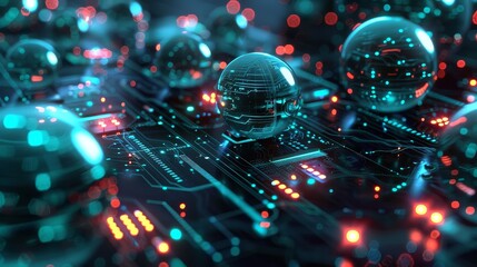 Canvas Print - Futuristic circuit board with glowing spheres - Detailed view of a high-tech circuit board with glowing nodes and reflective spheres, symbolizing advanced technology