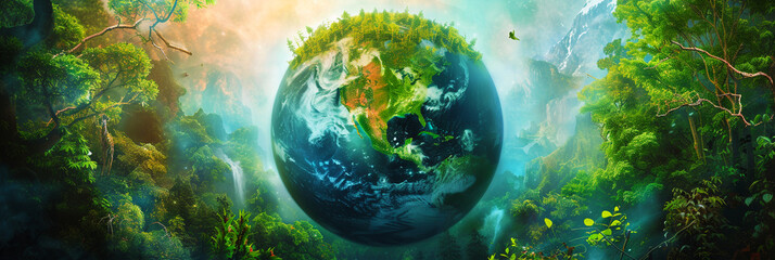 Wall Mural - Illustration of the earth with lush green and lively creatures around..