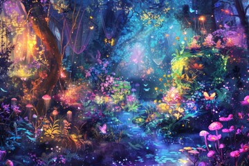 Wall Mural - A colorful forest with a river and a lot of flowers