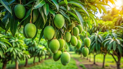 Lush green mango tree with ripe fruit growing in a natural setting
