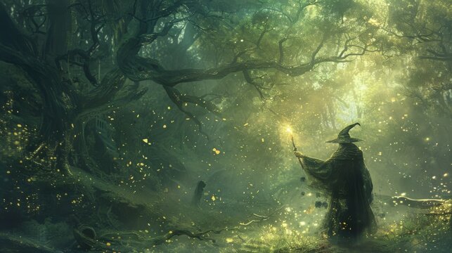 A wizard is standing in a forest with a wand in his hand