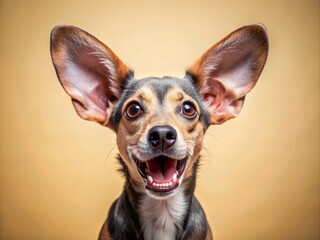 Wall Mural - Excited little dog with long ears and wide open mouth on bright background banner, happy, funny, cute, pet, animal, puppy, canine, joyous, cheerful, energetic, lively, playful, adorable