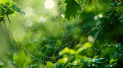 a spider web covered in dew on a green tree