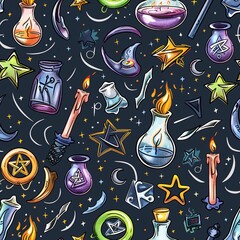 Poster - A seamless pattern featuring witchcraft symbols like pentagrams, enchanted candles, and potion bottles