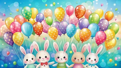 Wall Mural - of colorful balloons and cute bunnies perfect for a children's room wall art or greeting card , balloons, bunnies,colorful, children, room decor, cute, fun, playful, whimsical, happy