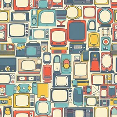 Poster - A seamless pattern of whimsical vintage electrical appliances such as early televisions, lanterns, and projectors creating a fun and detailed continuous design