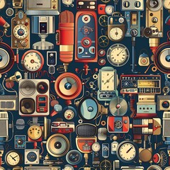 Poster - A seamless pattern with an array of antique electrical gadgets such as old microphones, clocks, and radios intricately arranged to form a vibrant and harmonious layout