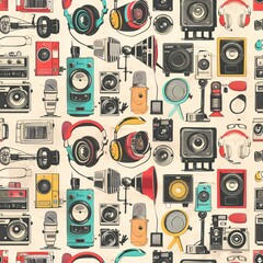 Poster - An intricate seamless pattern showcasing retro items like vintage microphones, film cameras, and headphones artistically arranged for a cohesive layout