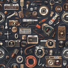 Poster - An intricate seamless pattern showcasing retro items like vintage microphones, film cameras, and headphones artistically arranged for a cohesive layout