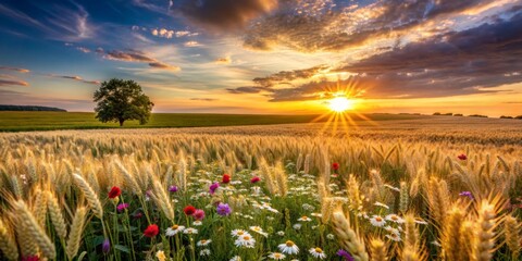 Wall Mural - Sunset over a wheat field with blooming flowers in the countryside , sunset, wheat, field, flowers, countryside, nature, vibrant, colors, scenic, landscape, agriculture, rural, beauty