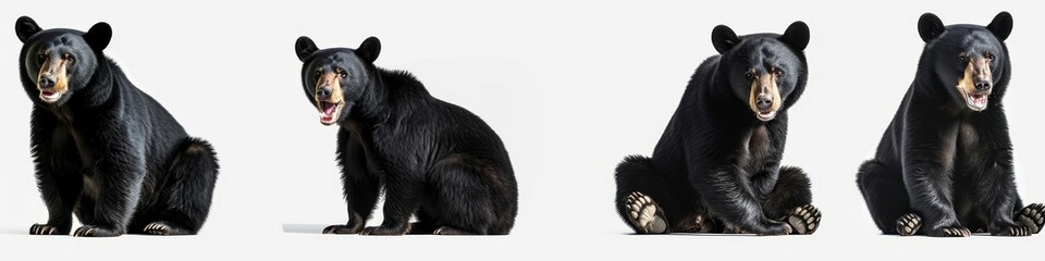 Wildlife animals bears banner panorama long - Collection of standing, sitting, screaming, lying group of american black bear (Ursus americanus), isolated on white background (Generative, Generative AI