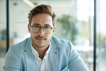 Wall Mural - A man in glasses sitting at a desk.