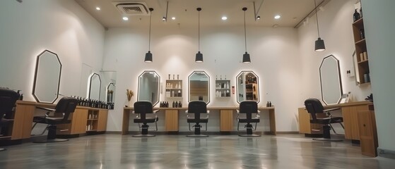 hair salon, modern interior design, hanging black light, white wall