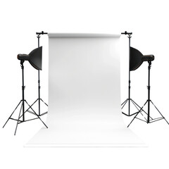 Professional photo studio setup with white backdrop, lighting equipment, and tripods, ready for photography shoot. transparent backgrounds