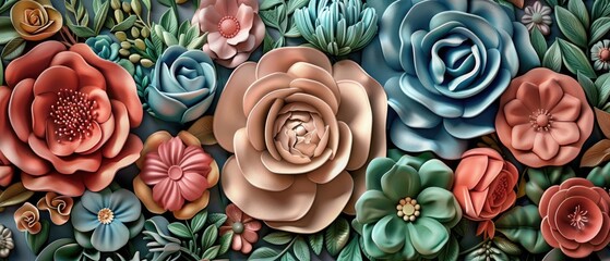 Wall Mural - 3d multicolored flowers three-dimensional painting background. flower ornament