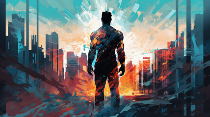 Digital illustration modern glitch art futuristic superhero background