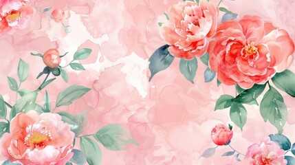 Sticker - Abstract watercolor flowers on a light pink background, peonies, roses, green leaves, natural floral pattern in vintage style, Asian theme