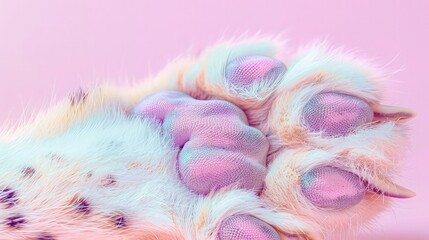 Close up of a small animal paw with pink toe beans isolated on a pale pink backdrop offering a cute element for pet care promotions.