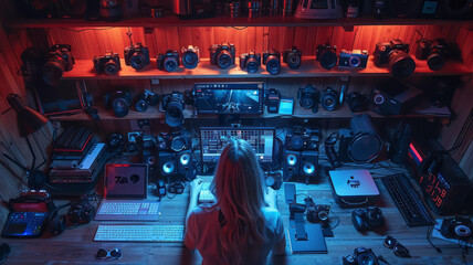 Wall Mural - Young woman working on computer with cameras and accessories on table,generative ai