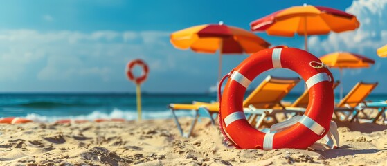 Poster - beach life guard equipment, Lifebuoys, rescue tubes, and first aid kits essential for beach lifeguards in emergency situations