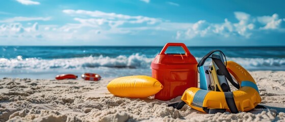 Poster - beach life guard equipment, Lifebuoys, rescue tubes, and first aid kits essential for beach lifeguards in emergency situations