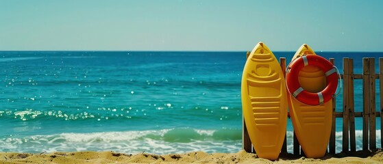 Poster - beach life guard equipment, Lifebuoys, rescue tubes, and first aid kits essential for beach lifeguards in emergency situations