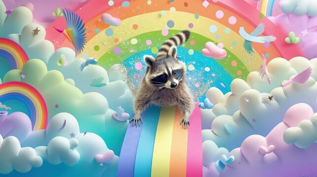 A curious raccoon sliding down a rainbow surrounded by layers of fluffy clouds in a bright pastel-colored paper art sky, leaving a trail of glitter and joy.