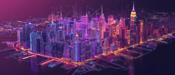 Wall Mural - modern city holographic wireframe isometric map