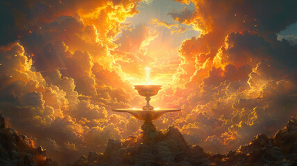 Eucharist. Table symbolizing Lord's supper with sacred chalice and host in the sky. Digital painting.generative ai
