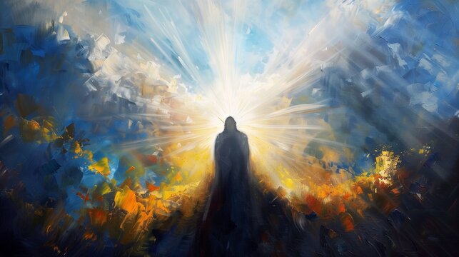 A stunning oil painting of the resurrection of Jesus Christ, portrayed from behind, with a majestic sunbeam piercing the sky and enveloping His form in radiant light.