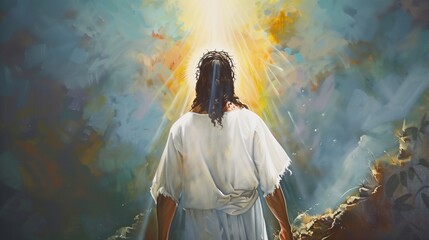 An awe-inspiring oil painting depicting Jesus Christ's resurrection from behind, with a radiant sunbeam shining down, symbolizing His divine presence and ascension.