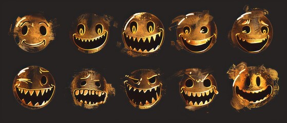 gold Emoji smiles edgy caricatures on black background