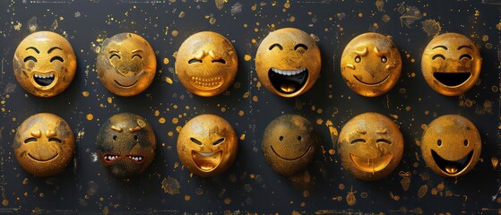 Wall Mural - gold Emoji smiles edgy caricatures on black background