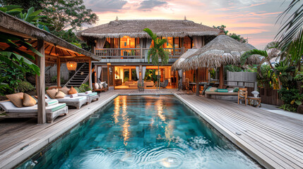 Sticker - the tropical poolside retreat during the golden hour, with the lighting adding warmth and enhancing the textures of the thatched roofs and wooden deck