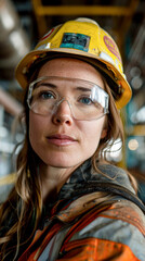 Poster - portrait of the engineer, focusing on the textures of her safety gear and the ambient industrial elements around her.