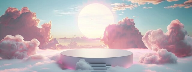 Wall Mural - Minimalist White Platform Above Clouds with Pastel Sky and Sun