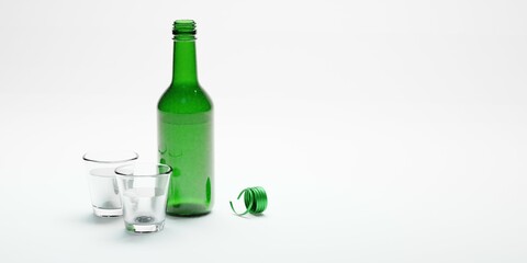 3d render of isolated korean soju bottles and glasses alcohoc beverage